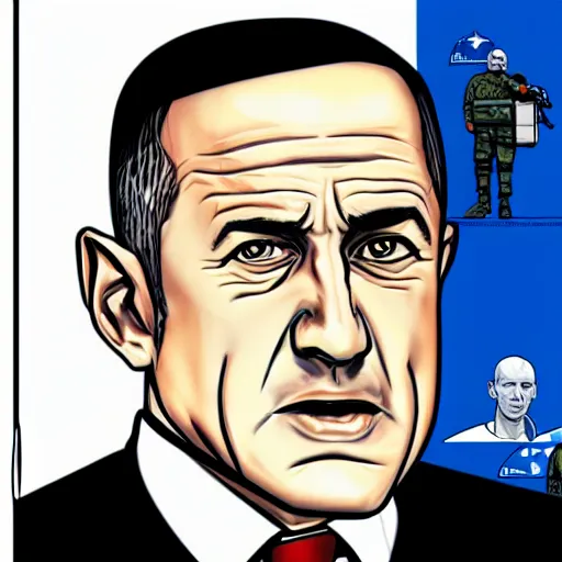 Prompt: portrait of Benny Gantz Defense Minister of Israel as a GTA v character. GTA v loading screen illustration by martin ansin, matt bors