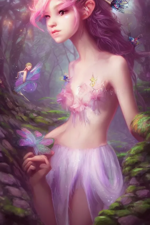 Image similar to a cute fairy in the dreamy forest, fantasy, 8 k resolution, hyper detailed, d & d, character design, digital painting, trending on artstation, sharp focus, illustration, art by artgerm, steve zheng, fuji choko, viktoria gavrilenko, hoang lap