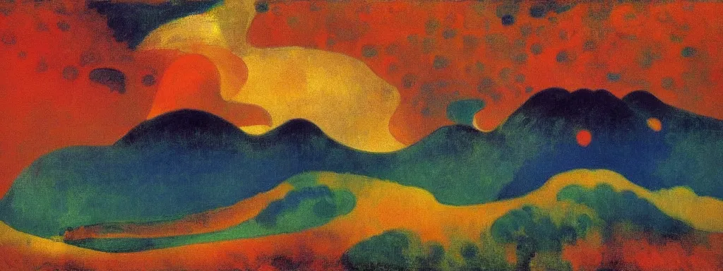 Image similar to An insane, modernist landscape painting. Wild energy patterns rippling in all directions. Curves, organic, zig-zags. Mountains, clouds. Rushing water. Waves. Psychedelic dream world. Odilon Redon. Andre Derain.