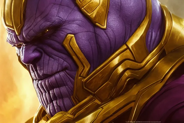 Image similar to Thanos wearing golden armor smirking while clenching his fist, trending on Artstation, highly detailed, HD wallpaper, 4k, photorealistic, digital art, art by artgerm and Greg Rutkowski and Alphonse Mucha