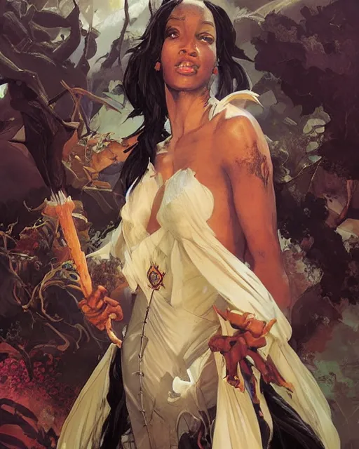 Prompt: book cover illustration of rohaja von gareth being black and female from das schwarze auge, she is a studied wizard casting a spell, painted by leyendecker and ruan jia and artgerm, on a tropical setting,