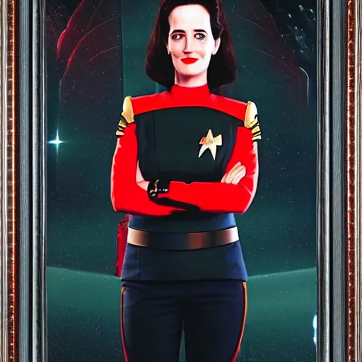 Image similar to a full body photograph of 3 0 year old eva green as a star fleet officer from star trek next generation, extreme realism and detail, 8 k, completely framed, direct lighting, 3 5 mm photo, photorealistic, sharp focus