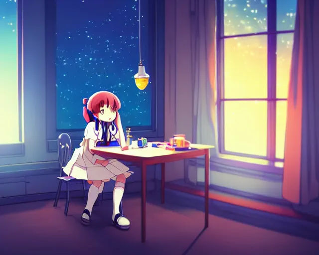 Prompt: anime fine details portrait of joyful school girl talk with robot in her room at the table, evening, lamp, lo-fi, open window, dark city landscape on the background deep bokeh, profile close-up view, anime masterpiece by Studio Ghibli. 8k, sharp high quality anime