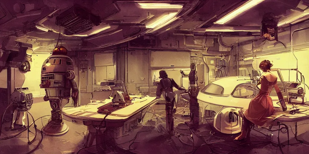 Prompt: concept art, intimate, retro, atomic age, droid repair workshop, 7 0 s aesthetics and palette, soft lighting, syd mead, akihiko yoshida, cinematic