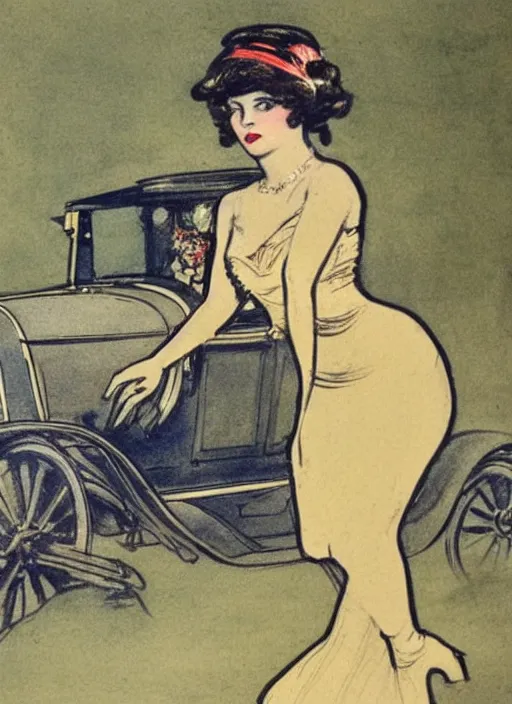 Image similar to Louis Icart, an old colored drawing of a woman posing in front of a 1920's car by Louis Icart, highly detailed, masterpiece