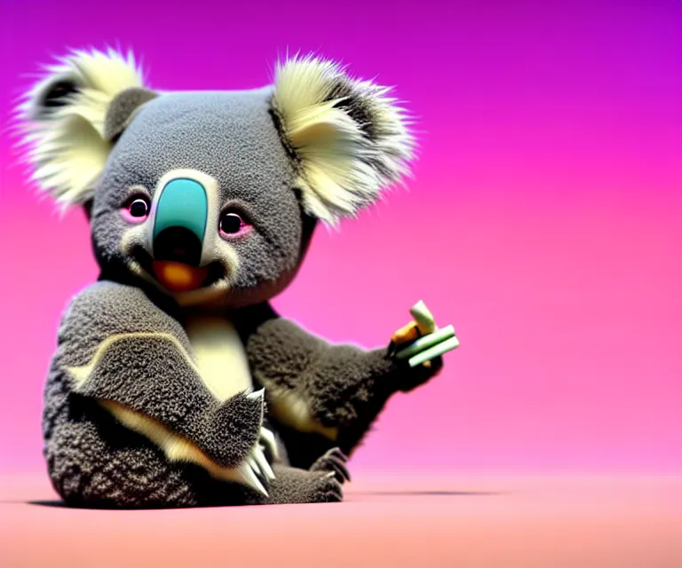 Prompt: high quality 3 d render hyperrealistic very cute small koala smoking weed, plush mascot, short spiky dense fluffy smooth hair, photo from the side, pink fluffy fur, 1 5 0 mm, beautiful natural soft light, rim light, vray, smooth background, artstation, ultra detailed