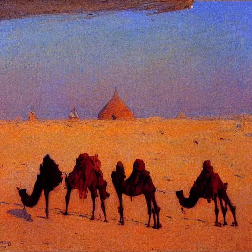 Image similar to camels at timbuktu, by henry ossawa tanner, at sunrise