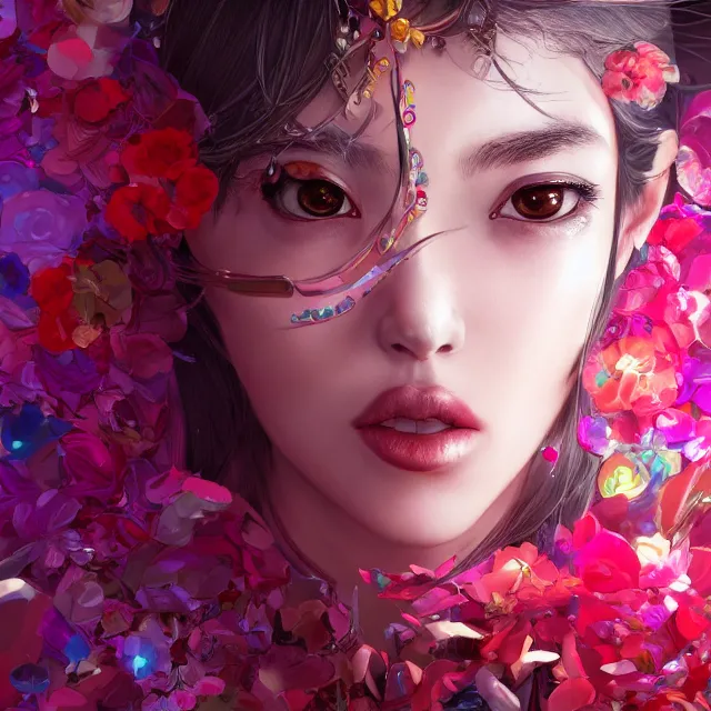 Image similar to studio portrait absurdly beautiful, elegant, lovely, young hypercolorful sensual anime woman rubies red petals gems, ultrafine hyperrealistic detailed face illustration by kim jung gi, irakli nadar, intricate linework, sharp focus, bright colors, matte, octopath traveler, final fantasy, unreal engine highly rendered, global illumination, radiant light, intricate rainbow environment