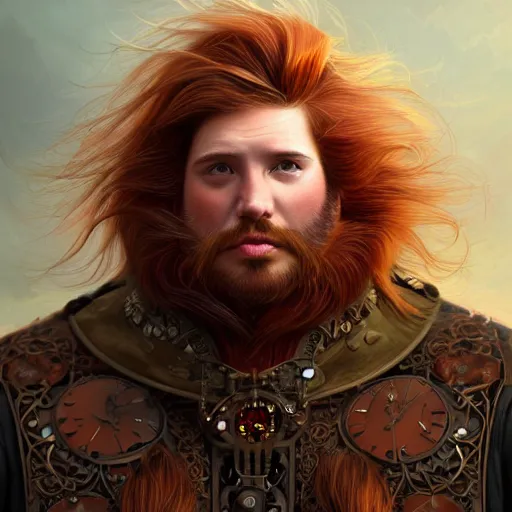 Image similar to portrait of a man - bear - pig, male, handsome, masculine, full body, red hair, long hair, soft hair, fantasy, intricate, elegant, highly detailed, steampunk, airship, digital painting, artstation, concept art, character art, smooth, sharp focus, illustration, art by artgerm and greg rutkowski and alphonse mucha