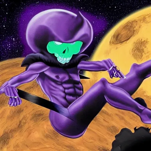 Prompt: skeletor riding a giant black cat in outer space