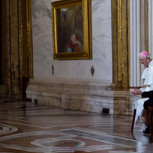 Prompt: joe biden soils his diaper and a white chair at the vatican,