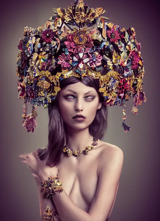 Prompt: full body environmental portrait photo of a young and beautiful female model, ornate headpiece made from flowers, ornaments, glamour shot by gemmy woud - binnendijk, chris knight, photorealistic, canon r 3, fashion photography, ornate, symmetrical features, octane render, unreal engine, solid dark background, clamp shell lighting, rim lighting