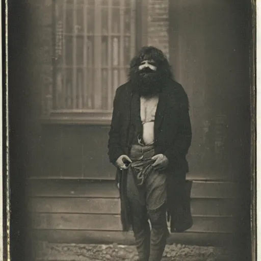 Image similar to Daguerreotype of a caveman at a train station (1867),