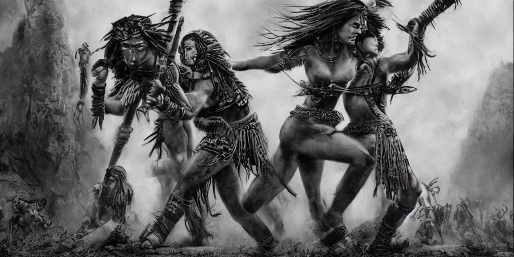 Prompt: movie, beautiful distanced aztec warrior females runs into each other, epic, vintage, black and white, Boris vallejo, sepia, apocalypto