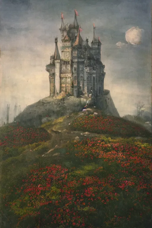 Prompt: A very intrincated and ominous tall castle stands in the middle of an plain covered with colorful flowers