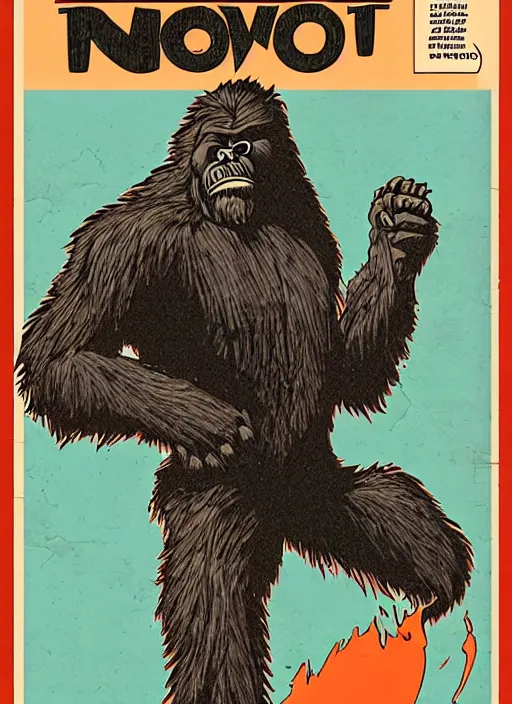 Image similar to bigfoot in retro sci fi pulp newsprint illustration cover