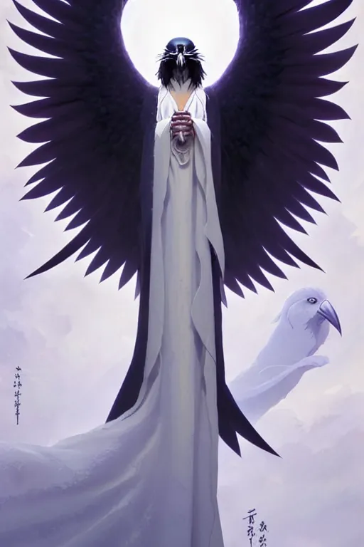 Image similar to raven headed warlock doing magic spells wind, white robes, finely detailed perfect face, exquisite details, mid view, design on a white background, by studio muti, greg rutkowski makoto shinkai takashi takeuchi studio ghibli