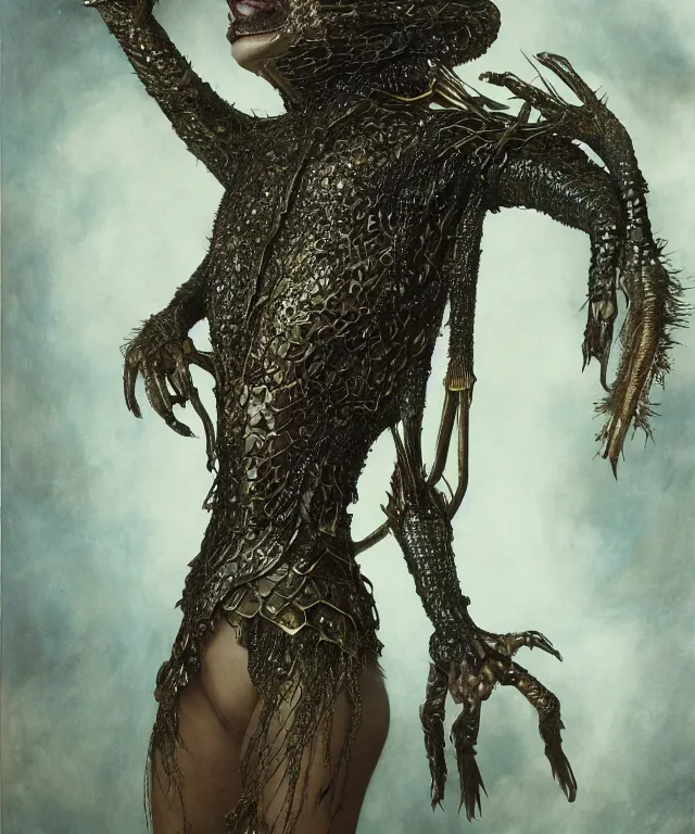 Prompt: a portrait photograph of a fierce sadie sink as a strong alien harpy queen with amphibian skin. she is dressed in a bronze and black lace shiny metal slimy organic membrane vest and transforming into an evil insectoid snake bird. by donato giancola, walton ford, ernst haeckel, peter mohrbacher, hr giger. 8 k, cgsociety