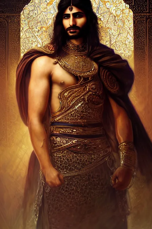 Image similar to Beautiful portrait of a Persian Prince who is a warrior, handsome prince of persia, face painting, attractive young man, persian style architecture, dramatic lighting, intricate, wild, highly detailed, digital painting, artstation, concept art, smooth, sharp focus, illustration, art by artgerm and greg rutkowski and alphonse mucha, footage from space camera