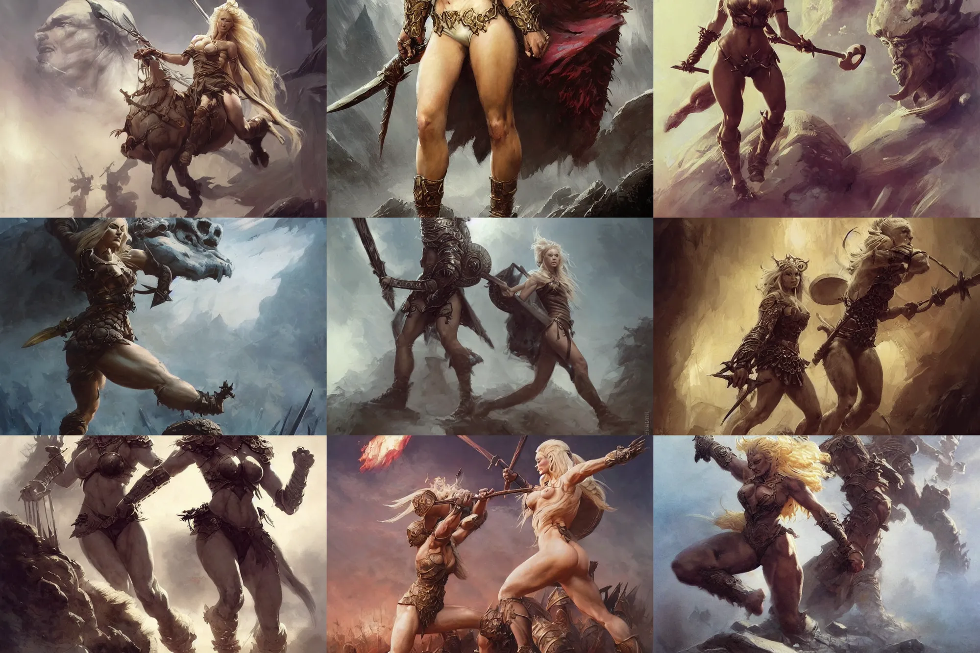 Image similar to A full length portrait of a very beautiful blonde slavic berserker woman, running into battle by Frank Frazetta, Greg Rutkowski, Boris Vallejo, epic fantasy character art, goddess of war, Exquisite detail, post-processing, low angle, masterpiece, cinematic