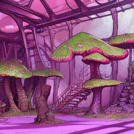 Prompt: concept art painting of a interior of an alien fantasy fairytale fungus house, realistic, detailed, cel shaded, magenta, in the style of makoto shinkai and greg rutkowski and james gurney