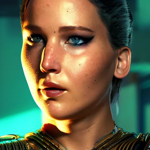 Image similar to jennifer lawrence portrait, cyberpunk 2 0 7 7, cyberpunk judy alvarez, photorealistic, ultra detailed, neon, octane, bokeh, cinematic lighting, cyber, cyberpunk city, studio quality, feature, scars, cyberface, 8 k