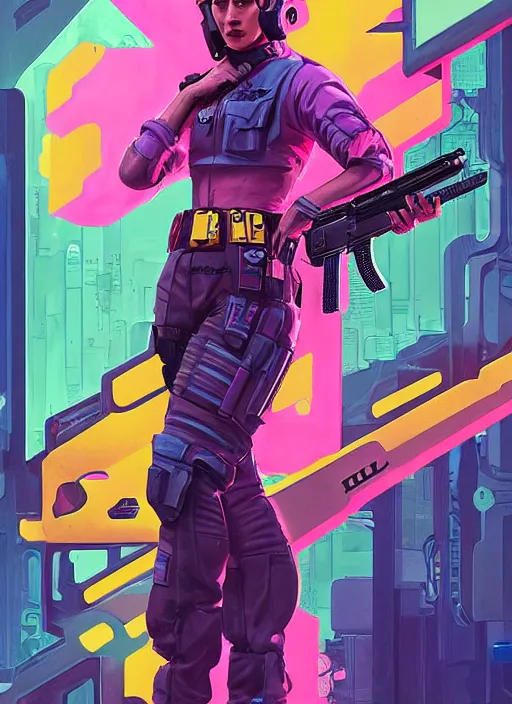 Image similar to cyberpunk female police trooper wearing pink jumpsuit and pointing a yellow belt fed pistol. advertisement for pistol. cyberpunk ad poster by james gurney, azamat khairov, and alphonso mucha. artstationhq. painting with vivid color, cell shading. buy now! ( rb 6 s, cyberpunk 2 0 7 7 )