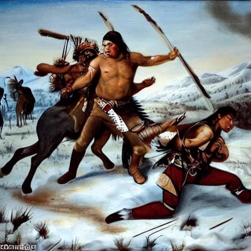 Prompt: majestic native americans fighting cyborg white men in a snowy field, landscape, hyper realistic painting, 1 6 0 0 s,