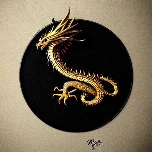 Prompt: emblem of black dragon on a gold metallic dragon emblem, by artgerm, tom bagshaw, gerald brom, moody vibe, goth vibe, 4 k, hd,