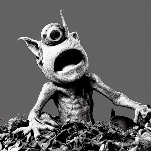 Image similar to scanning electron microscope image of microscopic goblin hiding amongst detritus