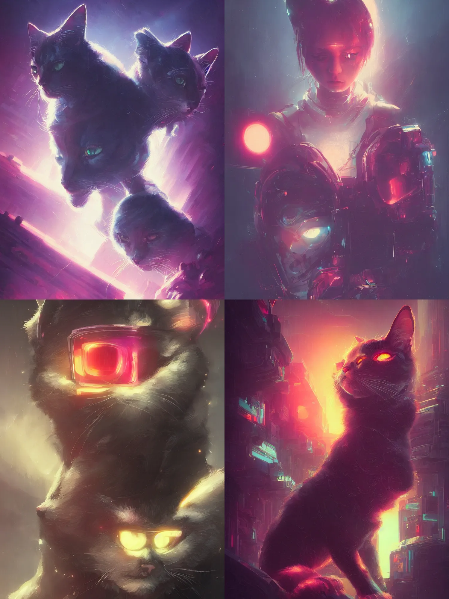 Image similar to detailed portrait of a cat, synthwave, retrowave, cyberpunk, illustration by jordan grimmer and greg rutkowski, trending on artstation