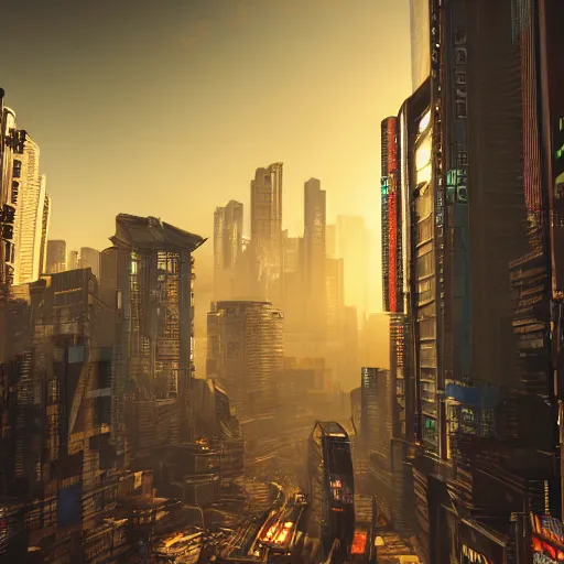 Image similar to cyberpunk cityscape like tokyo newyork street with tall buildings at dusk golden hour cinematic lighting, epic composition. A golden daylight, hyper-realistic environment. Hyper and intricate detail, photo-realistic. Cinematic and volumetric light. Epic concept art. Octane render and Unreal Engine, trending on artstation-H 768