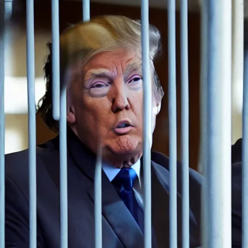 Image similar to donald trump behind bars in prison fatigues