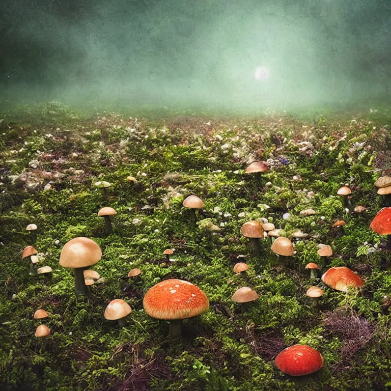 Image similar to a planet of various fungus, mushrooms, flowers and plants, inside the picture is infinity, Atmospheric, artistic photography, conceptual, long exposure outside the city, volumetric light