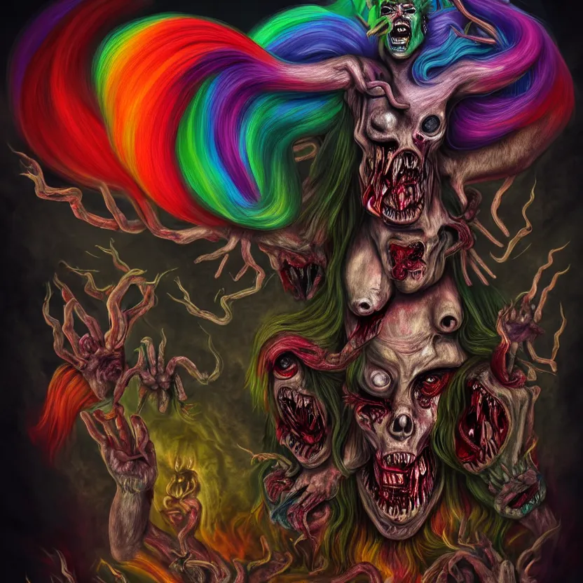 Image similar to a beautiful, colorful, flesh - eating, whimsical demon with rainbow fur, seven arms, seven legs, three heads, by alexandro judorowski and basia tran, fear, morbid, nightmare, supernatural, 8 k, digital art, highly detailed, chiaroscuro, creepy, terrifying