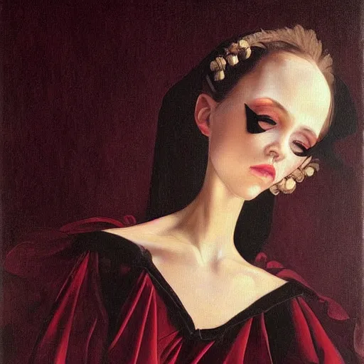 Image similar to A beautiful painting of a lady vampire, victorian, dracula, ominous, oil on canvas, photorealism, caravaggio, high definition, soft light