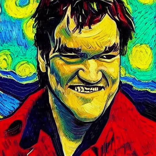 Image similar to an artistic portrait of quentin tarantino, in style of van gogh