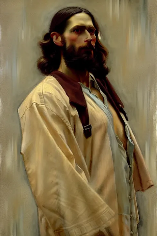 Image similar to leyendecker and solomon joseph solomon and richard schmid and jeremy lipking victorian loose genre loose painting full length portrait painting of jesus