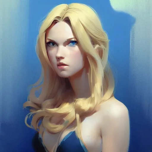 Image similar to portrait of beautiful girl with blond hair and blue eyes, League of Legend illustration by Greg Rutkowski:1, profile picture by Gil Elvgren:2, asymmetrical, Organic Painting, Ambient Occlusion:3, Matte Painting, geometric shapes, hard edges, street art, trending on the artstation, realistic:2 by Sachin Teng:5