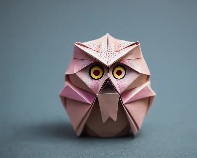 Prompt: an origami owl by akira yoshizawa, studio lighting, bokeh, sigma 5 0 mm f 1. 4