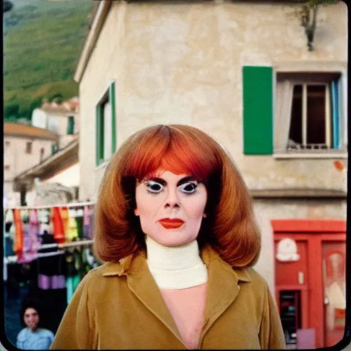 Prompt: 1976 glamorous middle aged woman wearing a transluscent inflatable toy head in a small European village 1976 French film archival footage technicolor film expired film 16mm Fellini new wave John Waters movie still