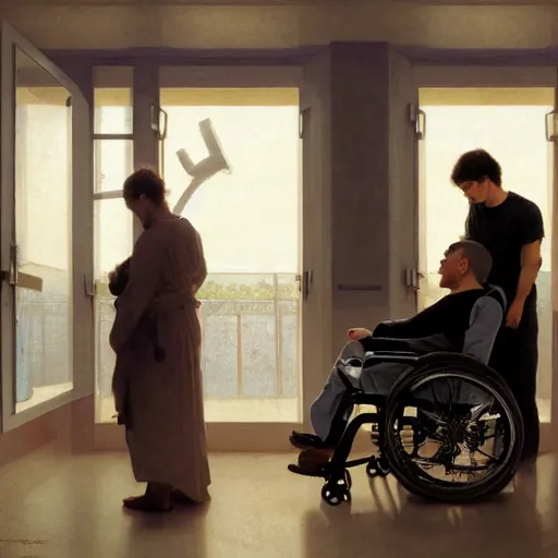 Image similar to a male patient in a wheelchair in the hospital with his wife and son standing by. happy, cheerful, smiling, intricate, face enhance, sharp focus, cinematic lighting, featured in artistation, 8 k, art by greg rutkowski, william adolphe bouguereau