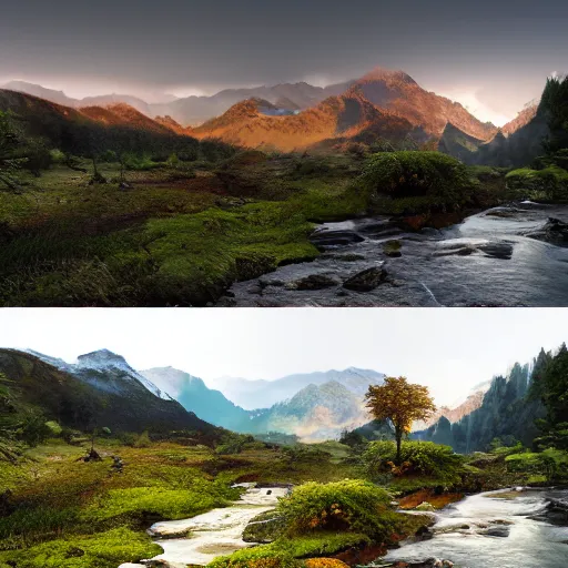 Prompt: A flowery meadow with a large tree in the left and a river on the right with rocky sides, a wooden bridge on the right and realistic mountains in the background, a slightly overcast sky at sunrise. ultra realistic, matte painting, concept art, 4k, trending on artstation, octane render, wide lens. Winter.