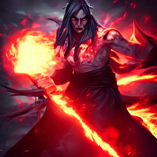 Image similar to an evil mage with burning eyes in a fighting pose casting a dark spell, character splash art, dynamic, action pose, digital painting, WLOP, trending on artstation, 8k, epic composition, highly detailed, sharp focus