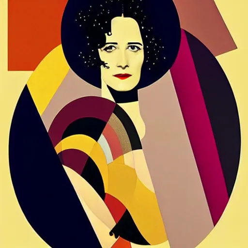 Image similar to Eva Green, Art by Coles Phillips, Portrait of the actress, Eva Green as Space Commander Alpha from the Year 4000, geometric art, poster, no text, Mucha, Kandinsky, carbon blac and antique gold