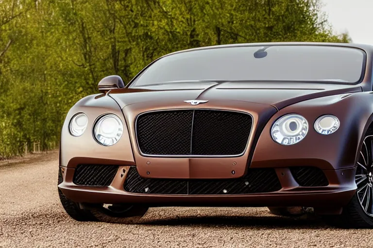 Image similar to modern rusty matte tired Bentley Continental GT without gloss no reflections drives along the road of an old Russian village with houses at the edges