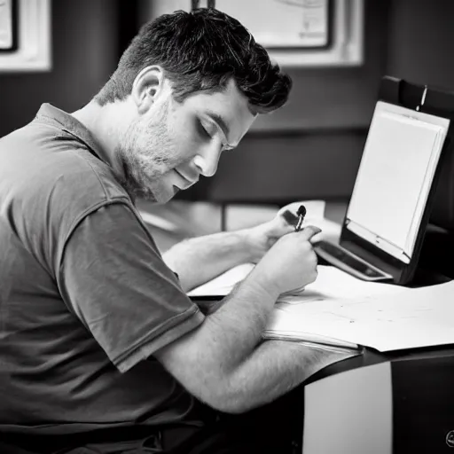 Prompt: Ethan Smith writing his next guide, (EOS 5DS R, ISO100, aperture, shutter, 84mm, RAW, postprocessed, facial features)