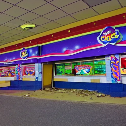 Prompt: an abandoned chuck e. cheese ’ s an night