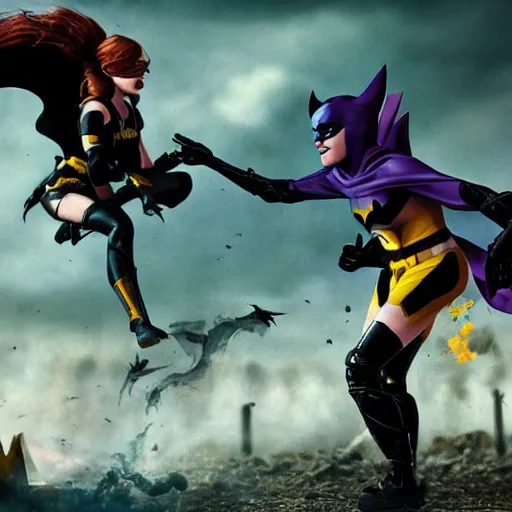 Image similar to batgirl battles lizard people, high detail, photorealistic, movie still, cinematic, dramatic, photography,