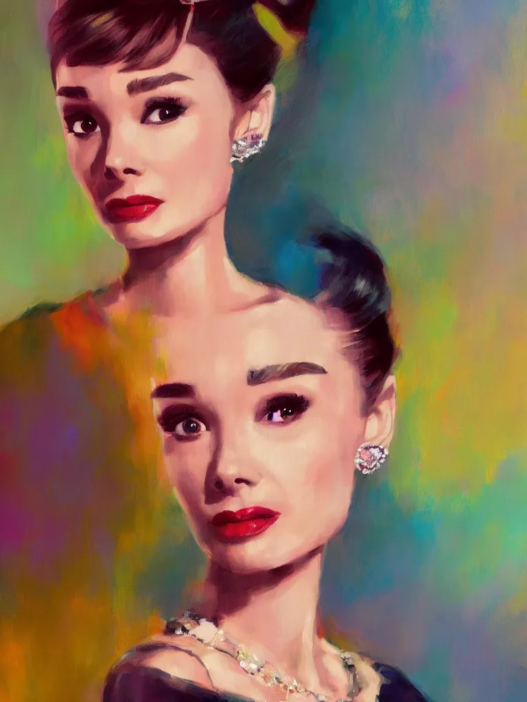 Image similar to a portrait of Audrey Hepburn, glamorous setting, vivid colors, soft lighting, atmospheric, cinematic, moody, in the style of Ross Tran, oil on canvas, 8k